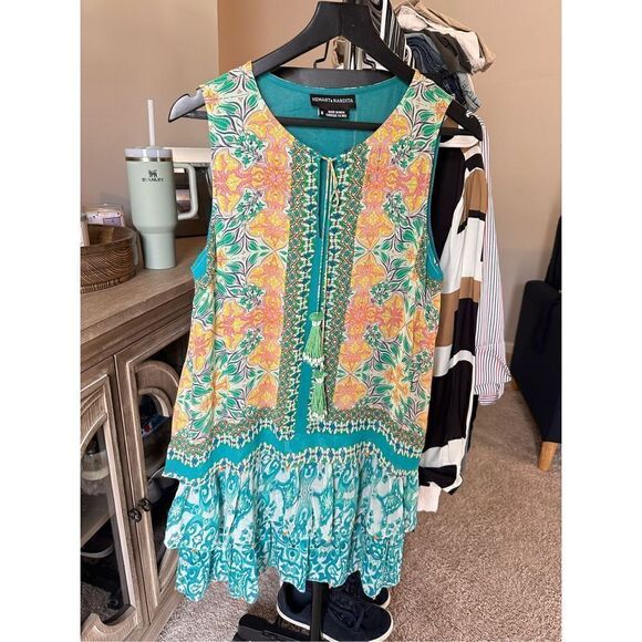 HEMANT AND NANDITA Ruffle Shift Dress in Blue Vintage Tile - Picture 5 of 8